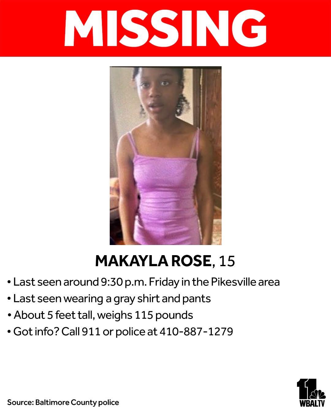 Makayla Rose Missing: Community-Wide Search Intensifies for Makayla Rose, 15: Baltimore County Police Seek Public’s Help in Locating Teen Missing Since Friday Night in Pikesville Area